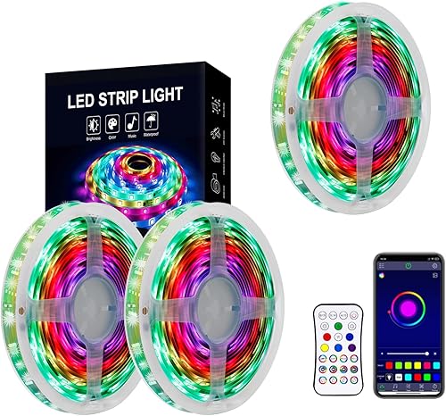 UNICROWN Tira de luces LED impermeables de 50 pies, 5050 RGB, 16 millones de colores, sincronización de música Bluetooth y control remoto para