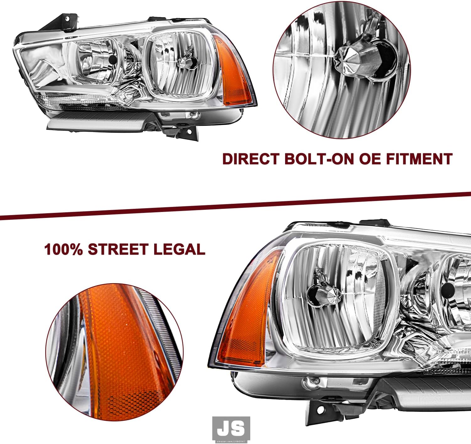 JSBOYAT Halogen Headlight Assembly Replacement for 2011-2014 Dodge Charger R/T SE SRT8 Headlamp Driver and Passenger Side Chrome Housing Amber Reflector (Bulbs Included)