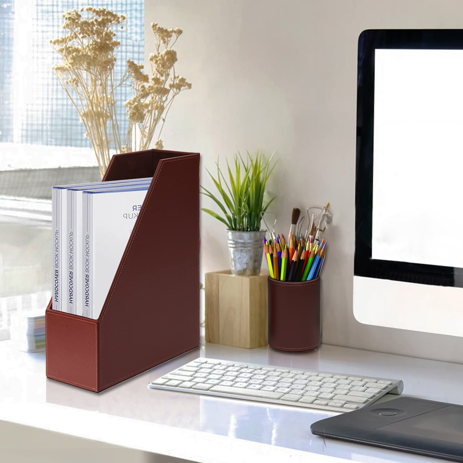 Lot de 6 organiseurs de bureau en cuir avec bloc-notes, plateau à papier, porte-revues, pot à stylos, marron