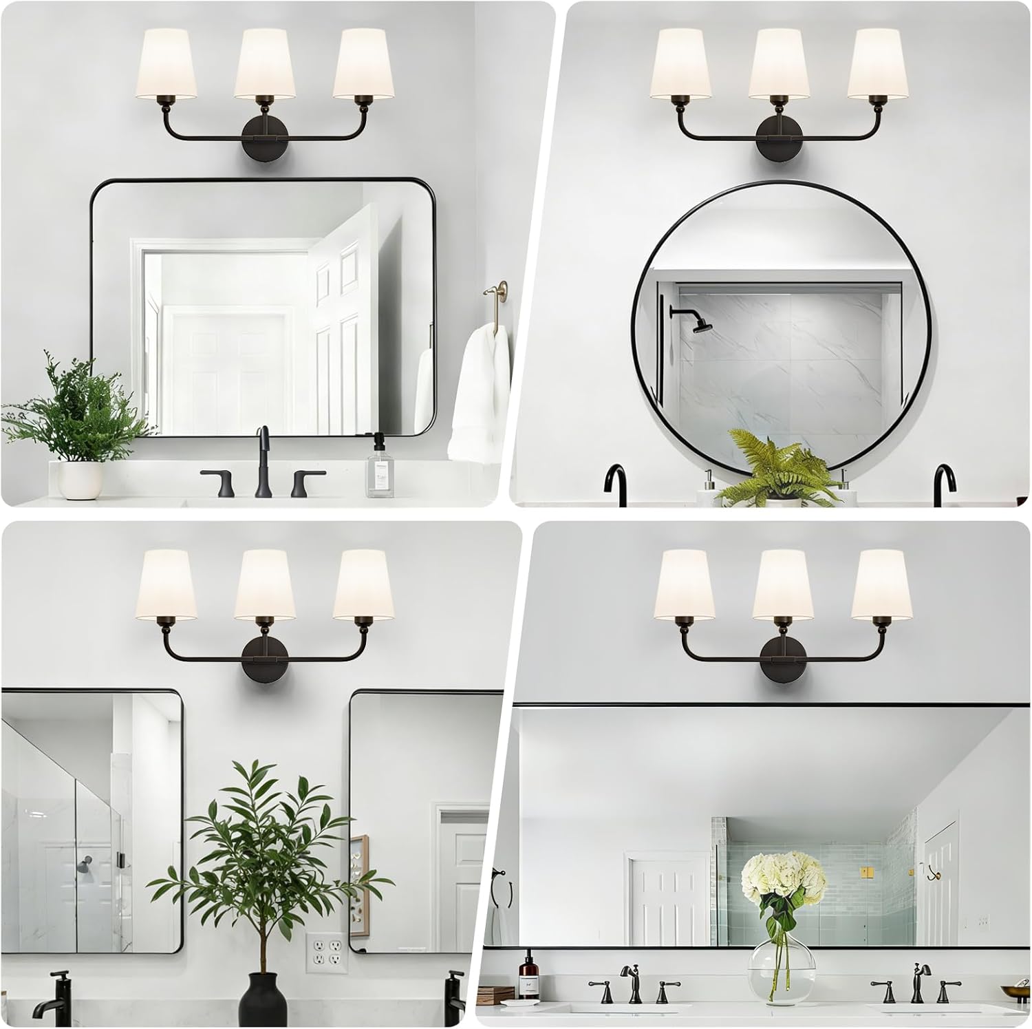 Bathroom Vanity Light, Matte Black Bathroom Light Fixtures, 3-Light Lighting Fixtures Over Mirror, Modern Wall Sconce with Flared White Fabric Shade, E26 Socket(ETL Listed)