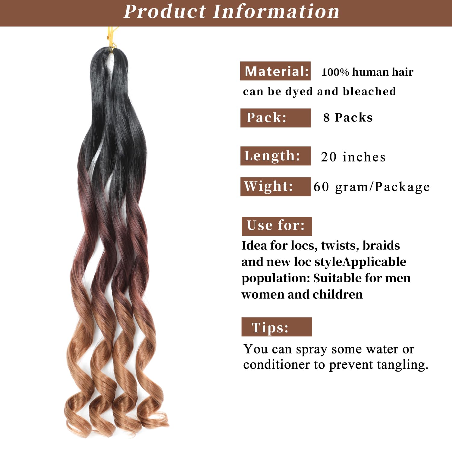 French Curl Braiding Hair 20 Inch 8 Packs Curly Braiding Hair Pre Stretched French Curls Braiding Extension Curl Crochet Braids Spiral Extensions (1B/33/30# - Image 3