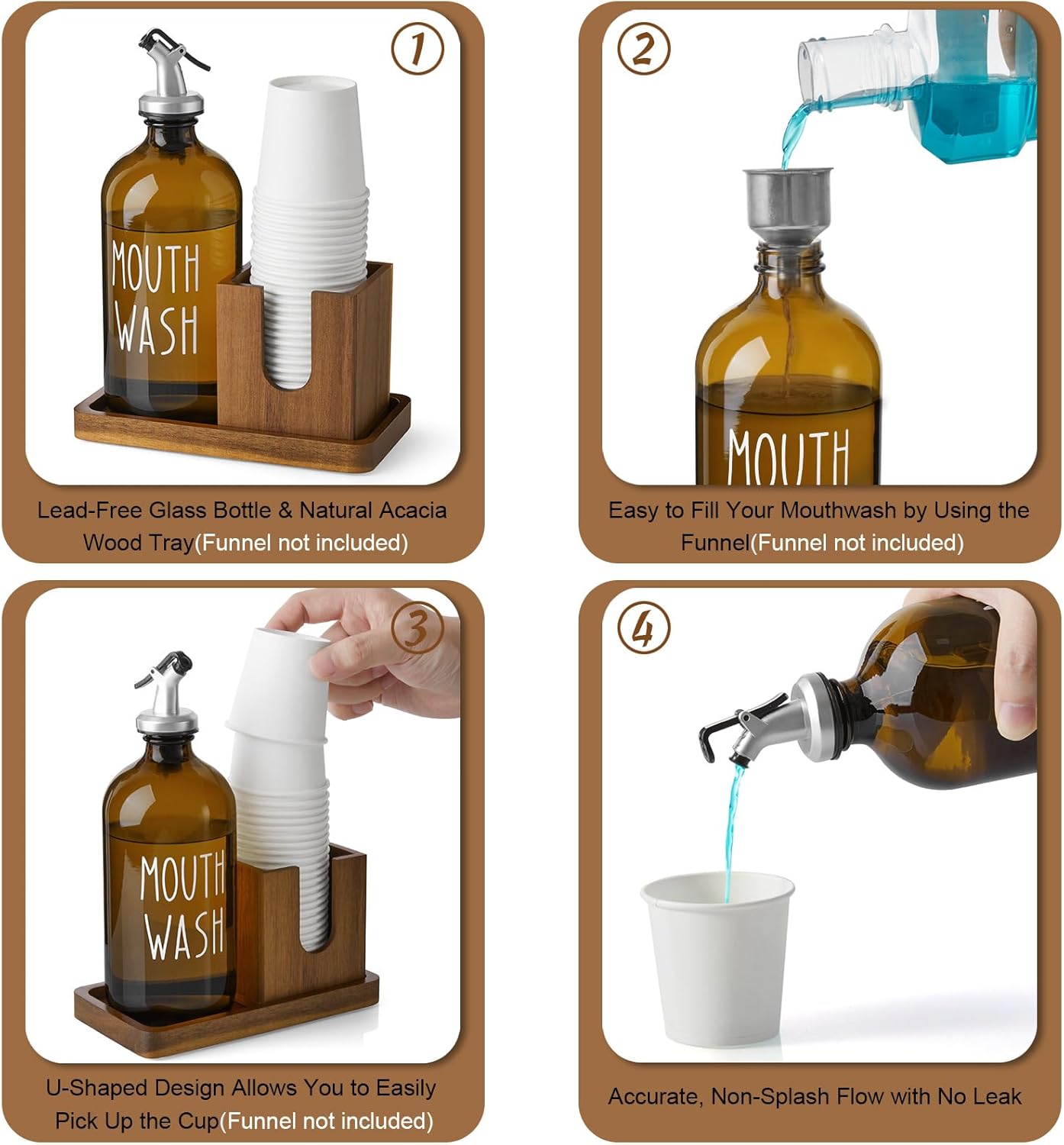 Amber Glass Mouthwash Dispenser for Bathroom, 16 OZ Mouthwash Dispenser with Pour Spout and Acacia Wood Cup Holder and Tray, Mouth Wash Bottle Container for Kitchen Bathroom Decor and Accessories - Image 3