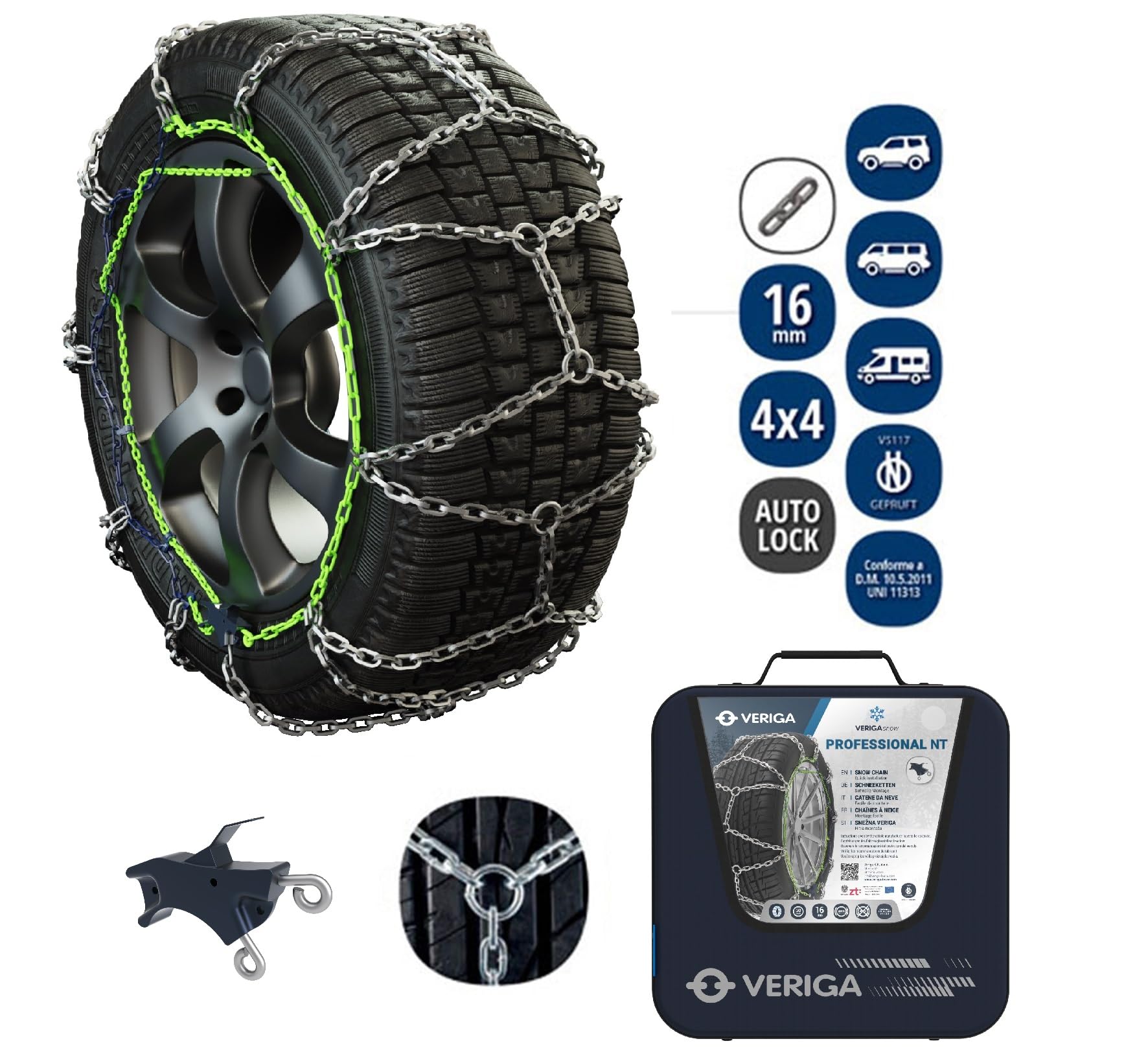 AROBA PN-310 PROFESSIONAL NT 16mm Catene da neve by Veriga (1 coppia = 2 pezzi) - Montaggio rapido per uso professionale & furgoni, camper, veicoli commerciali, veicoli 4x4