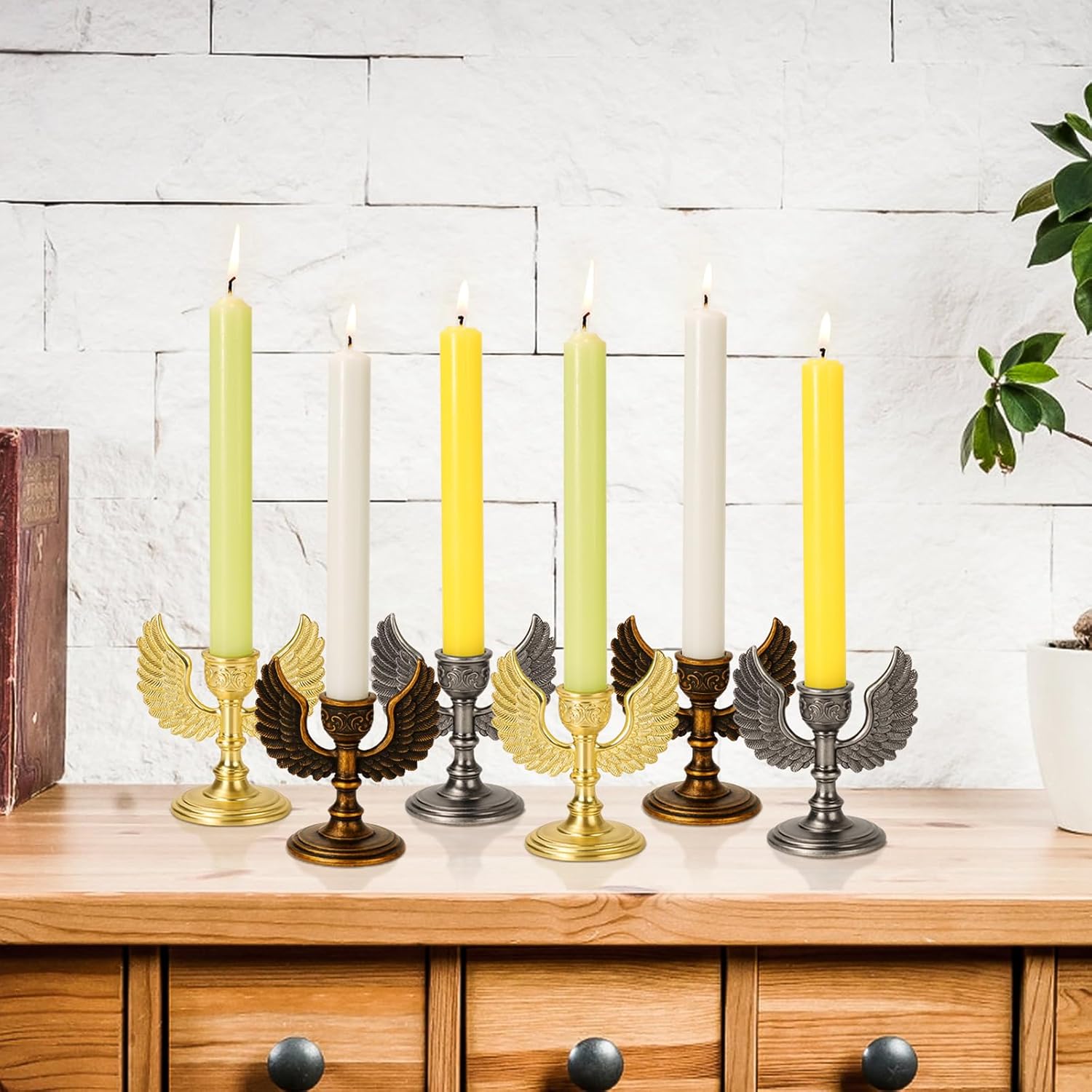2PC Retro Angel Wing Candle Holder - Handcrafted Collectible Figurine for Desk Decor, Home Altar, Celestial-Inspired Vintage Tabletop Sculpture - Gold