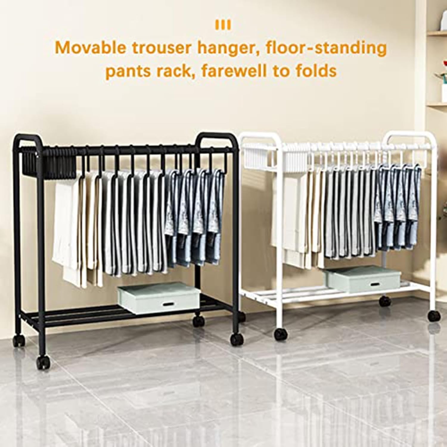 Trouser Rack - Floor-Standing Pants Hangers with Wheels, Multi-Functional Storage Organizer, Includes 20 Hangers and Drying Rack(White)