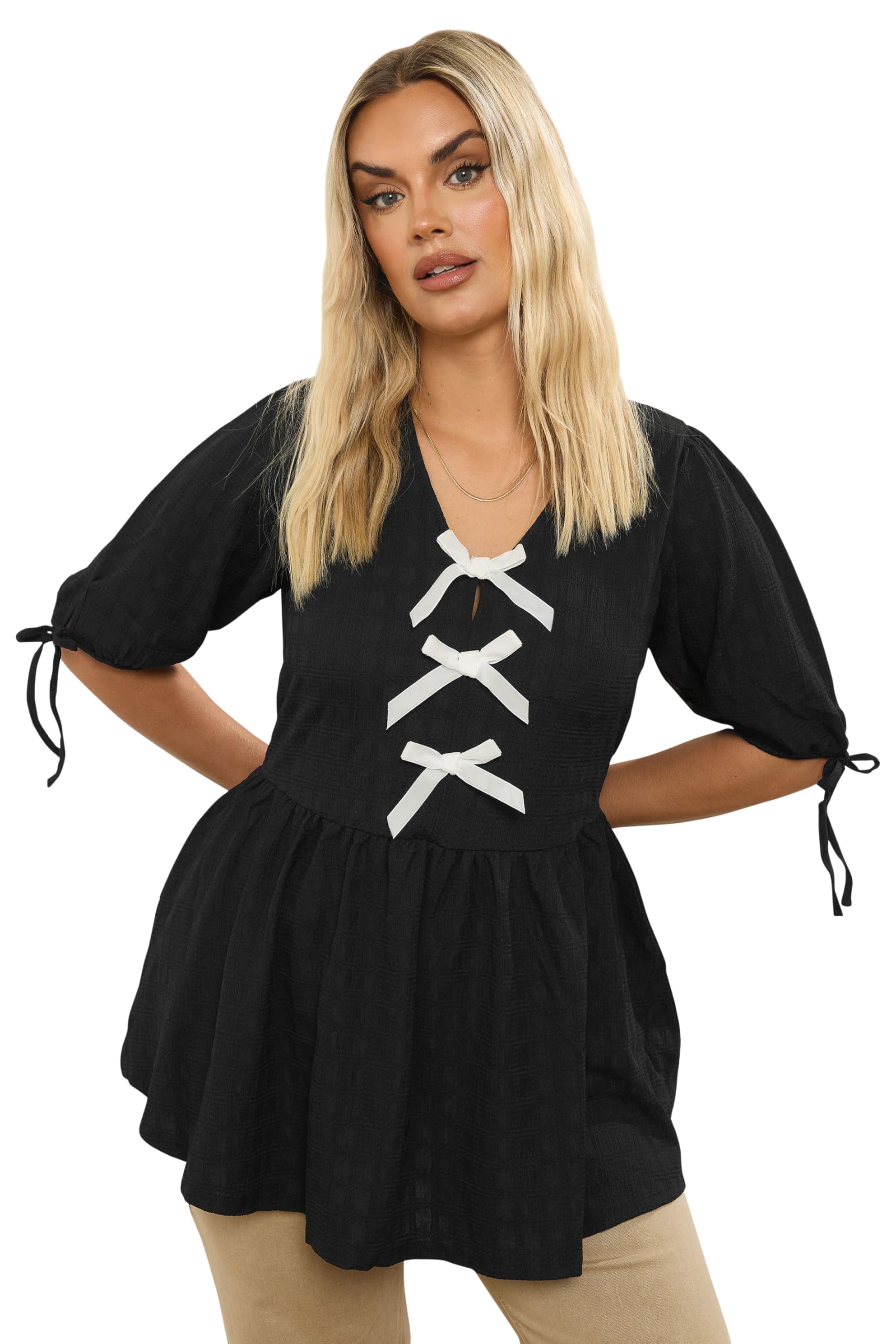 Yours Women's Black Curve Textured Bow Tie Front Top - Plus Size Curve
