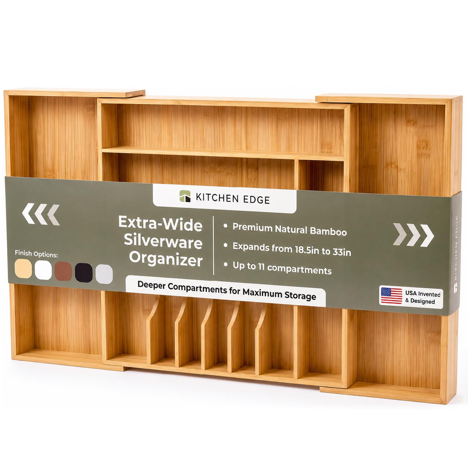 KitchenEdge Bandeja de cubiertos y organizador de utensilios para cajones de cocina, ampliable hasta 84 cm de ancho, 11 compartimentos, 100% bambú