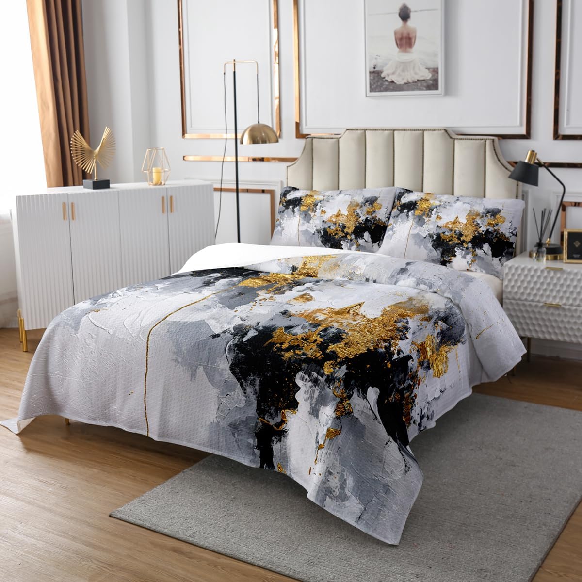 jejeloiu Gold Black Grey Bedspread Queen Size Abstract Geometric Coverlet Set for Boys Girls Modern Art Quilted Coverlet Bedroom Decor Microfiber