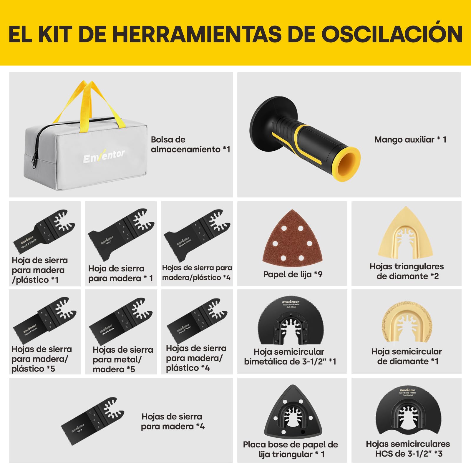 Enventor Multiherramienta Oscilante, 280W, Mango Auxiliar, 42 Accesorios | Herramientas Oscilantes 15000-22000OPM, 6 Velocidades Variables, Ángulo de Oscilación 3°, para Cortar, Lijar, Raspar