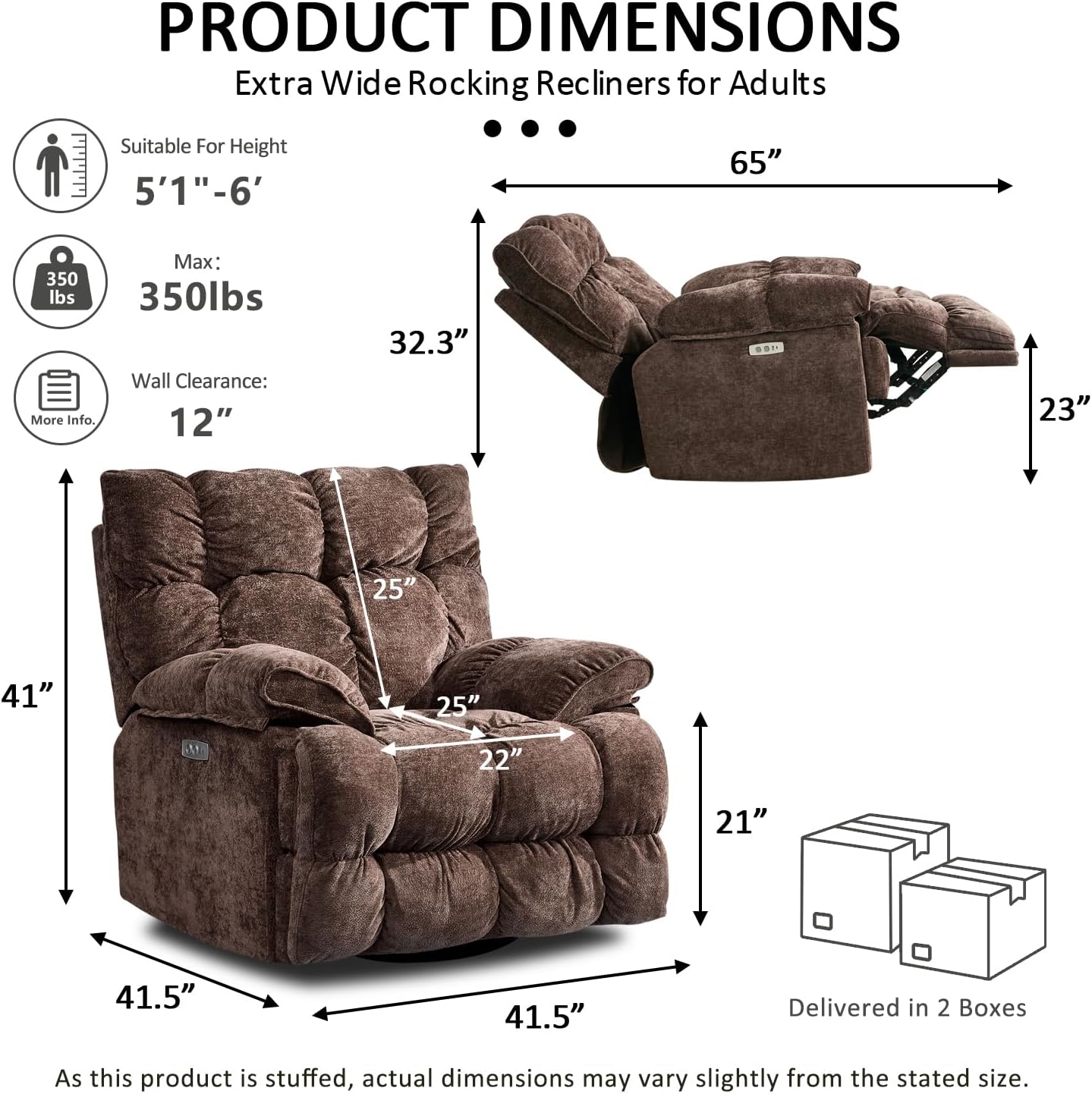 Oversized Rocker Recliner Chair for Adults, Overstuffed Breathable Fabric, Power Extra Wide Big Swivel Rocking Single Sofa for Living Room (Brown)