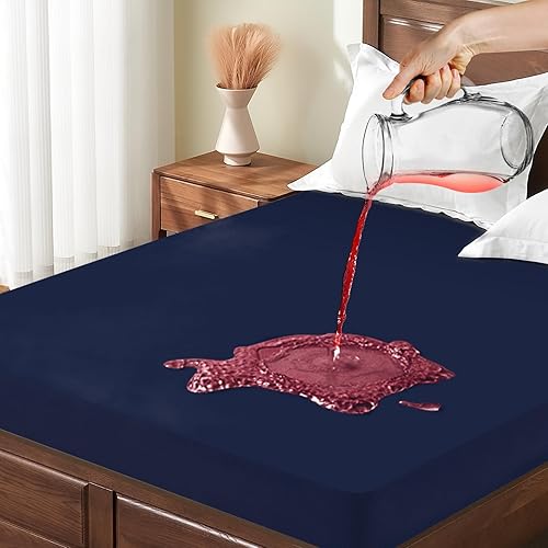 Protector de colchón matrimonial, transpirable, impermeable, silencioso, azul marino, se adapta a colchones de hasta 18 pulgadas de profundidad,