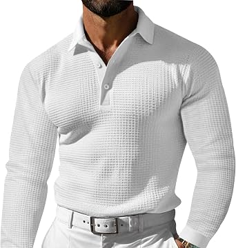 Long Sleeve Waffle Polo Shirts for Men 1/4 Button Down Lapel Collar Tee Shirt Casual Henley Pullover Sweatshirts Tops