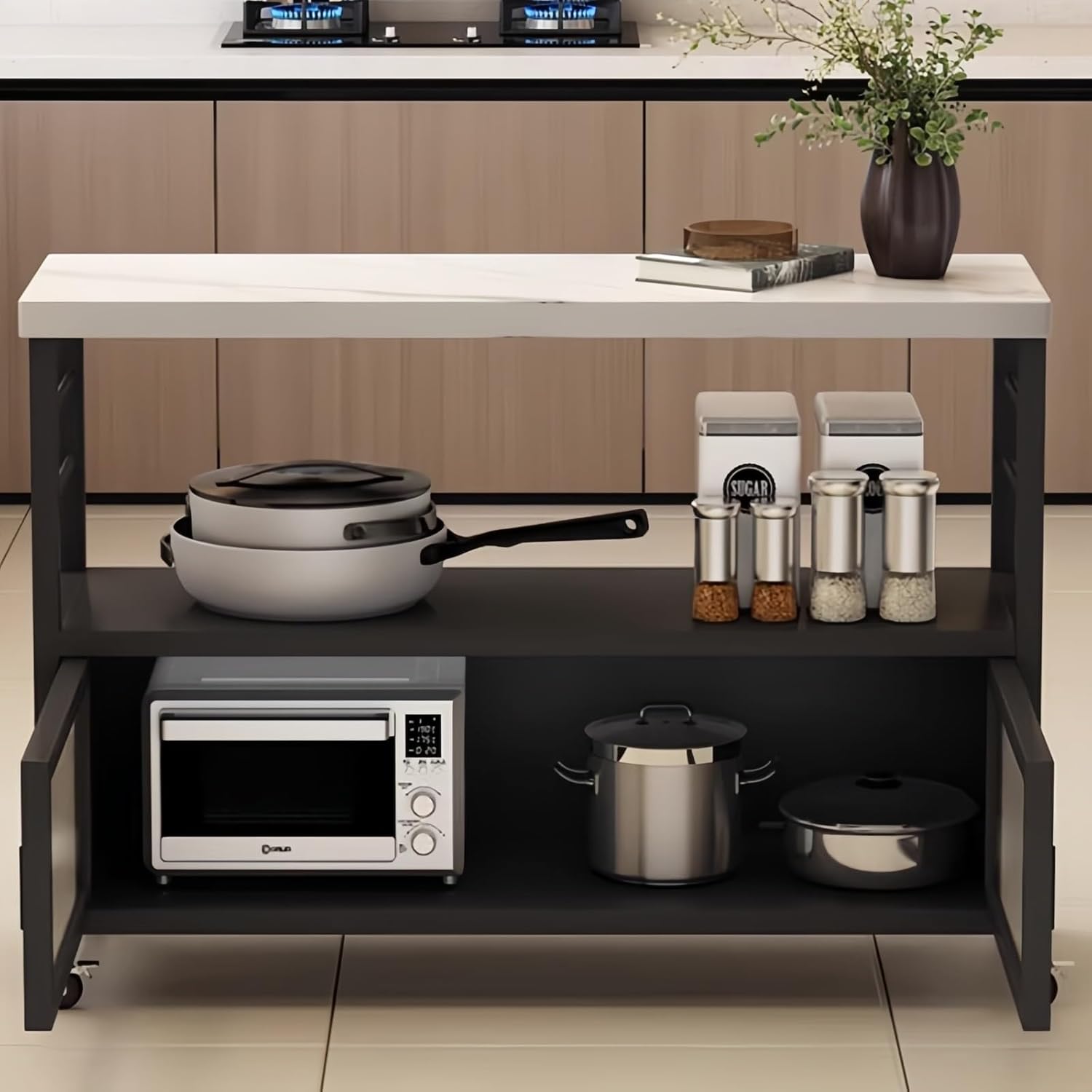 Storage Trolley Sintered Stone Top Rolling Kitchen Island Fluted Glass Doors Lockable Wheels Shelving Organizer(Black,Small)