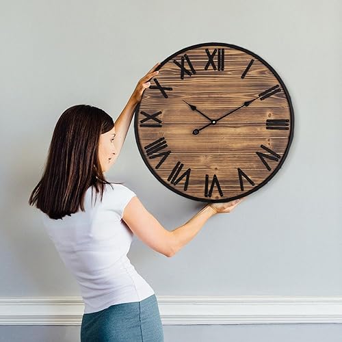 Miniatura 7 de Reloj de pared grande de 24 pulgadas, relojes de pared de granja con pilas, decoración de pared rústica con marco de metal, reloj de pared