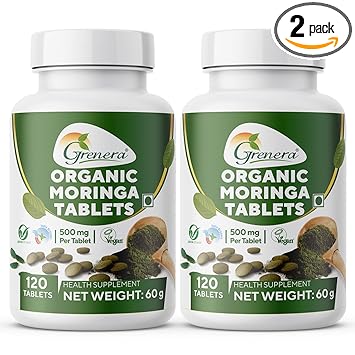 Grenera Organic Moringa Tablets (120 nos x 2 Bottles), Drumstick Leaf Powder Tablet, Super-Food Shigru, Vegan, Gluten Free, Non GMO