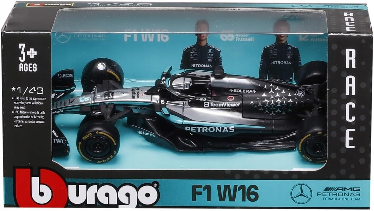 Bburago - F1 Mercedes-AMG W16 2025#63 Russell, Diecast car in scale 1:43 with authentic details, replica F1 Mercedes, silver/black livery design, official license, recommended age 3+ years