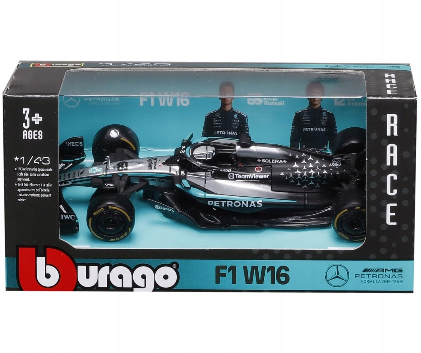 Bburago - F1 Mercedes-AMG W16 2025#63 Russell, 1:43 Scale diecast car with Authentic details, replica F1 Mercedes, Silver/Black decoration, Official License, Recommended Age 3+ years
