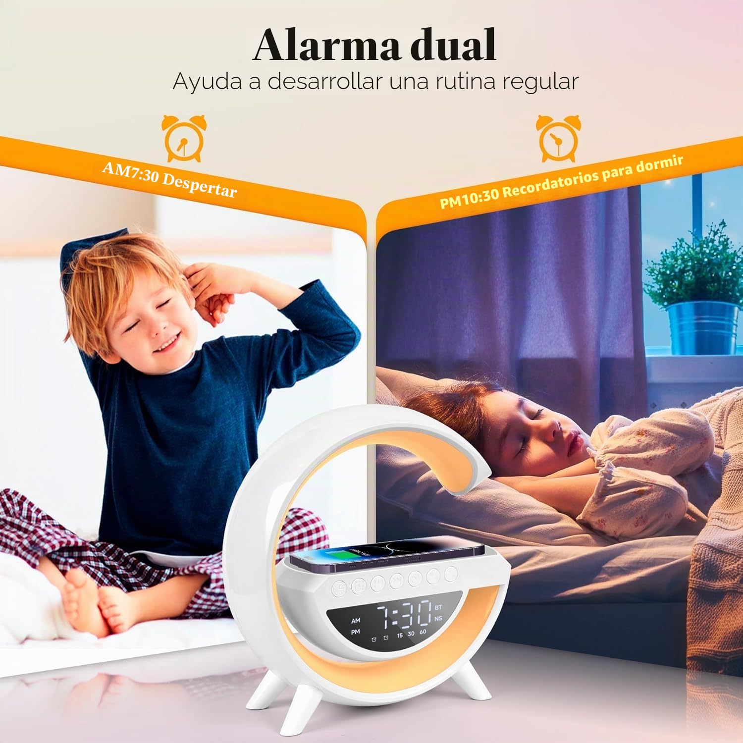 Lámpara con Cargador Inalámbrico 15W, Estación de Carga con Altavoz Bluetooth, Despertador Digital con Luz RGB y Luz Nocturna, Multifuncional para Dormitorio, Camping y Viajes