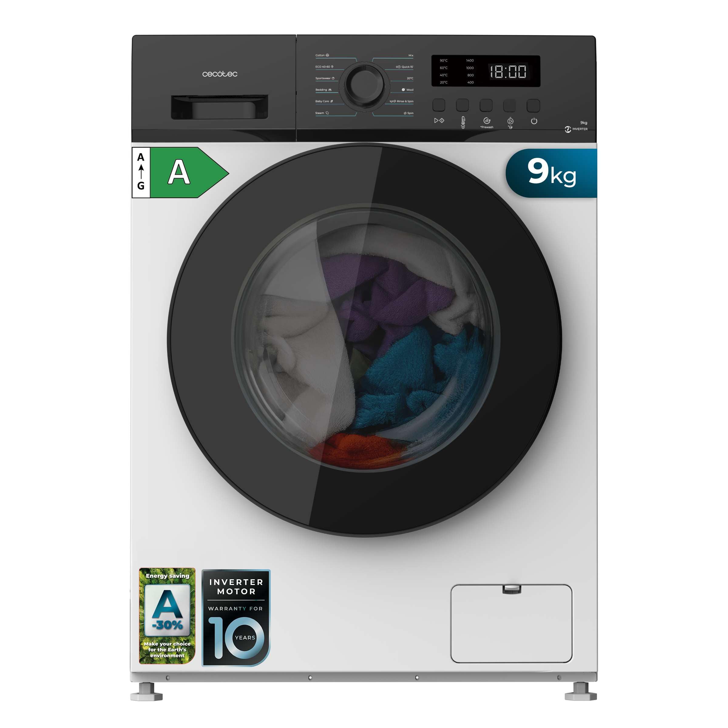 Cecotec Lavatrice 9K Carico Frontale Bolero DressCode 9155 Inverter. Classe A, 1400RPM, 12 Programmi, Inverter Plus, Basso Consumo, Steam Max, Drum Clean, Delay Start, PreWash, Pannello Controllo LED
