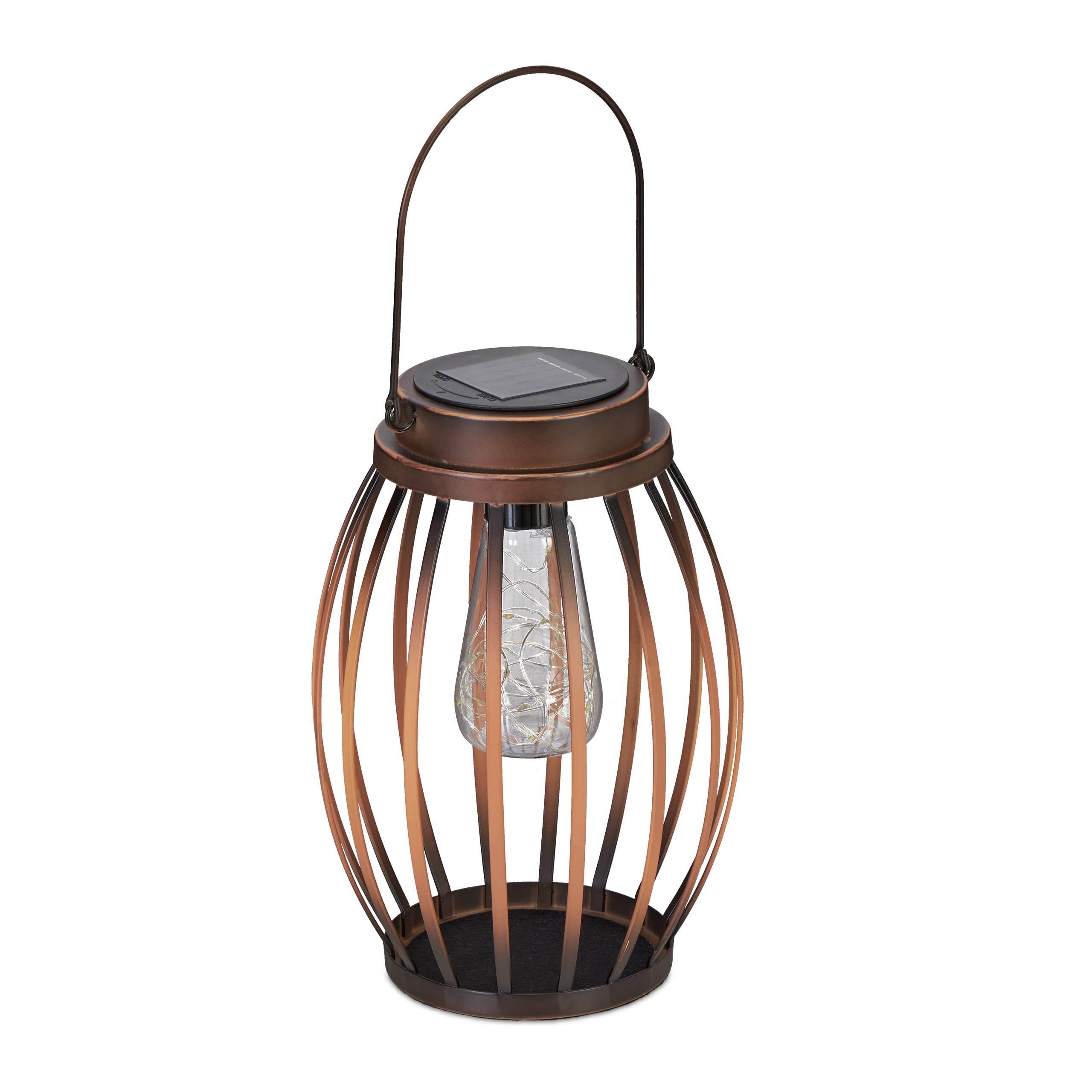 Relaxdays Farolillo Solar para Exterior, Lámpara Mesa Jardín con Guirnalda Led, Metal, Linterna Balcón y Terraza, Marrón, Acero, 25,5 x 18 cm