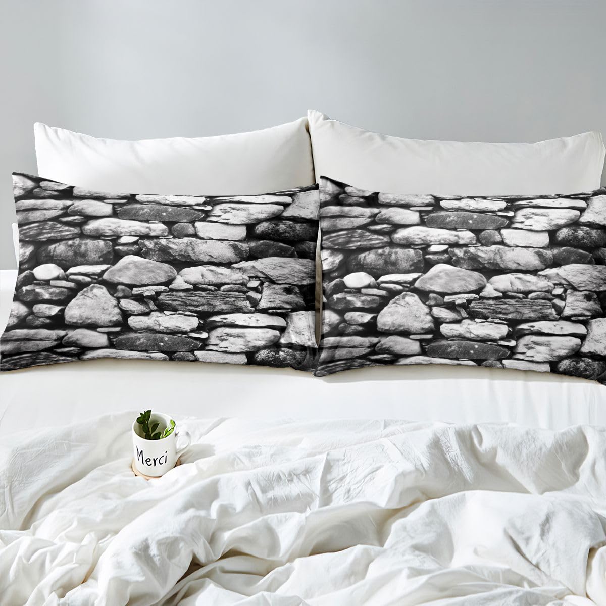 Homewish Set di biancheria da letto per letto matrimoniale, decorazioni medievali per feste, per adolescenti, motivo mattoni, tema rock, nero, grigio, con lenzuolo superiore con angoli, 4 pezzi