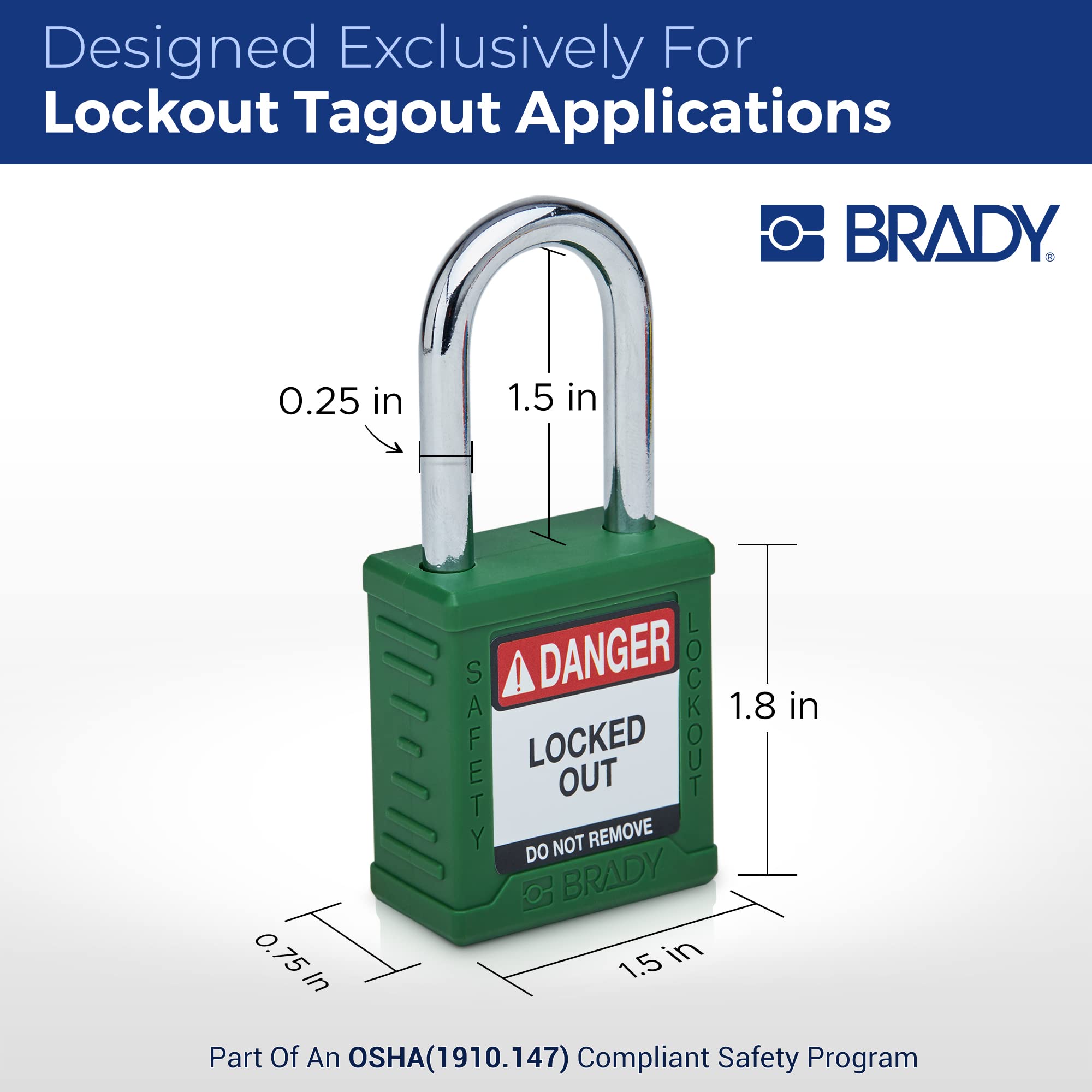 Brady SDPL-GRN-38ST-KA6 - Juego de 6 candados de bloqueo de seguridad con llave, 1 llave por cerradura
