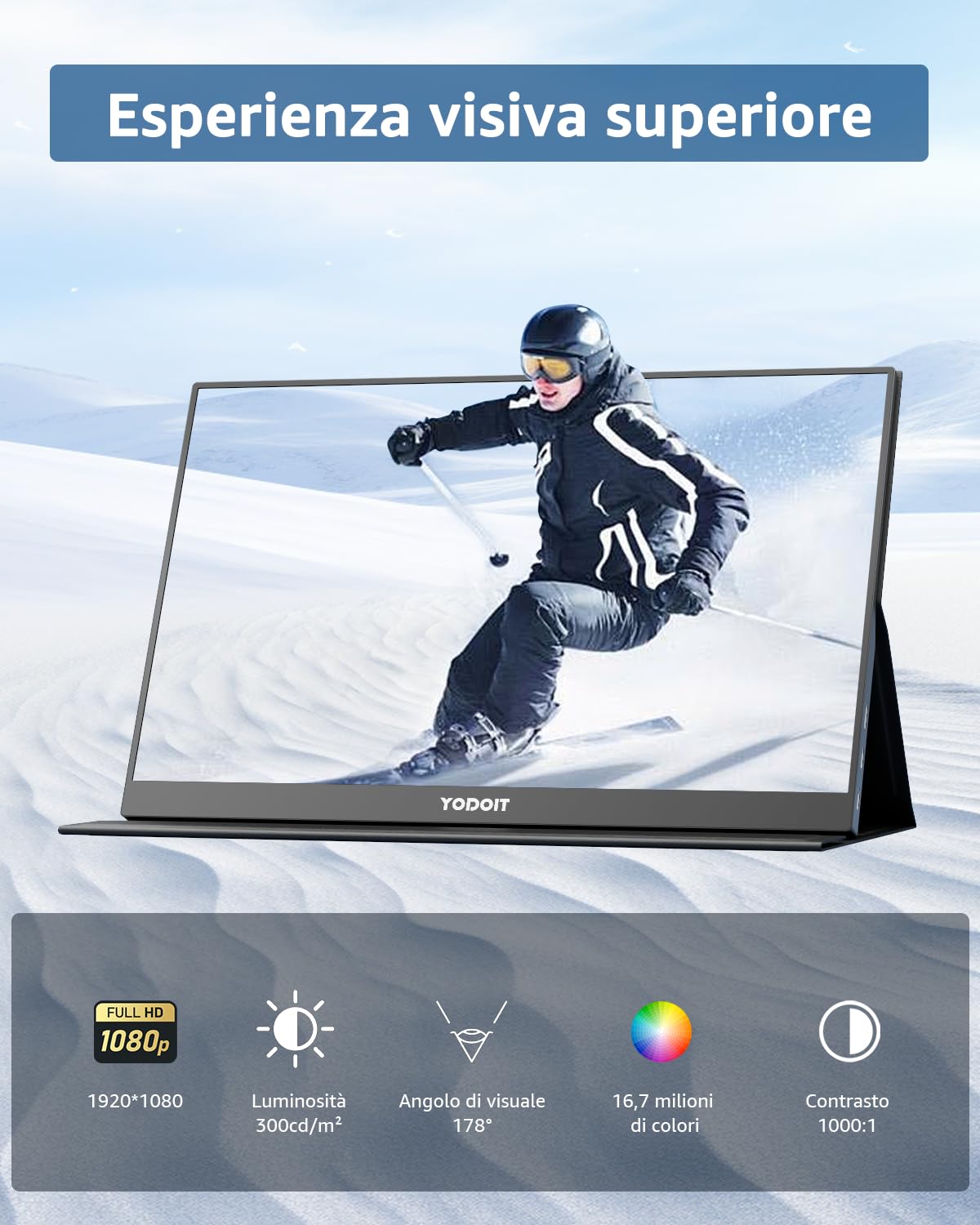 Yodoit Monitor Portatile, Schermo IPS da 15,6" con Risoluzione 1920×1080P FHD, Connettività USB-C e HDMI, Altoparlanti Integrati e Smart Cover, per laptop/PC/Mac/PS3/4/5/Xbox