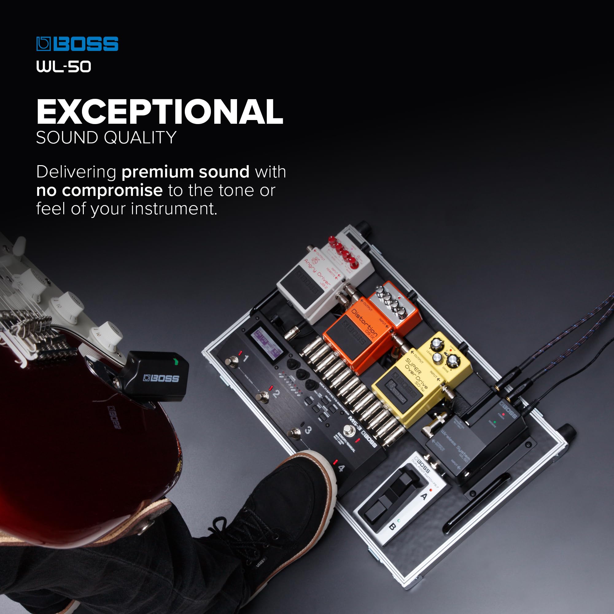 BOSS WL-50 Cavo virtuale wireless per pedaliere | Sistema wireless plug-&-play in formato pedale | Per la chitarra, il basso e altri strumenti elettronici | Simulazione del suono del cavo integrata