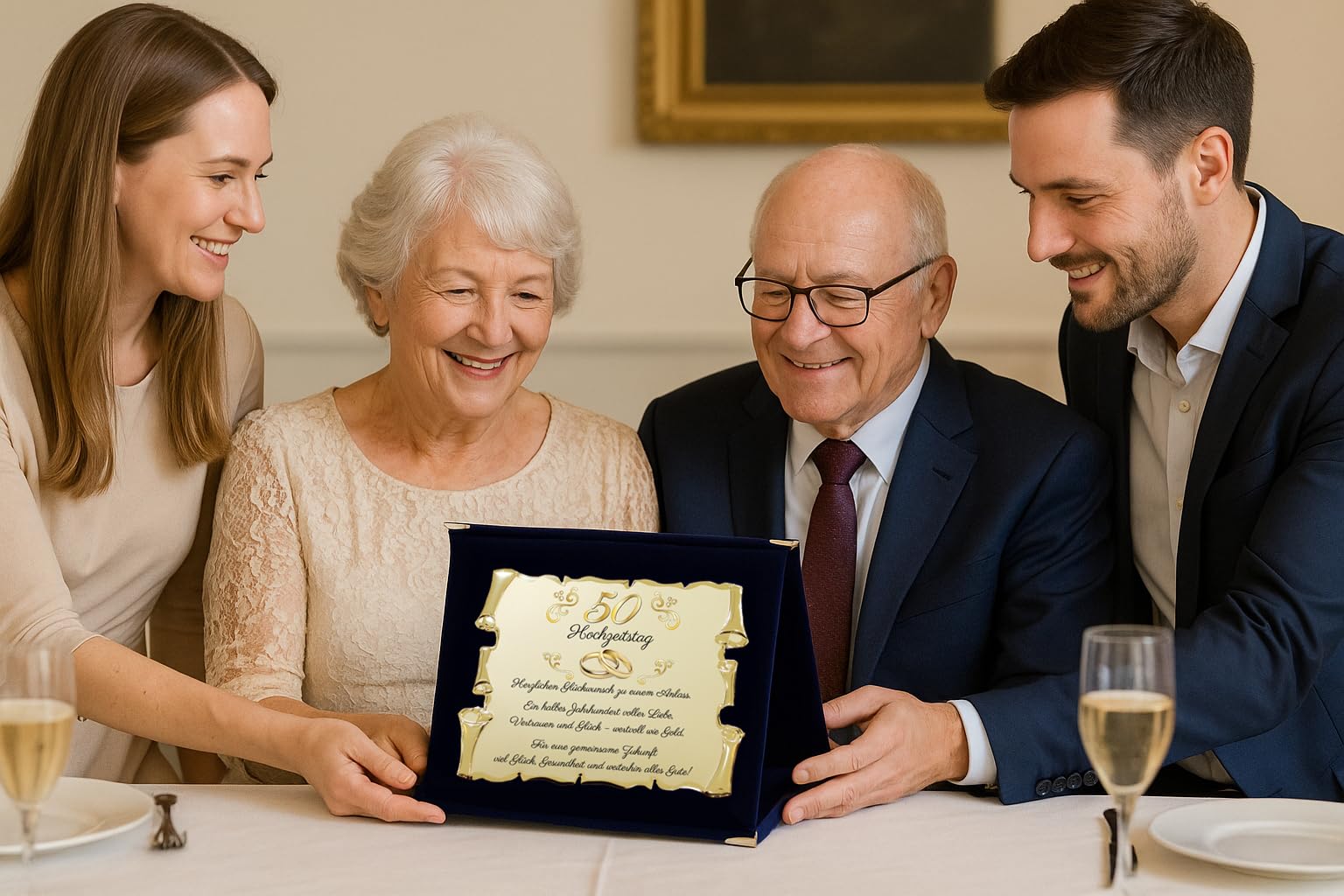 50e anniversaire de mariage - Noces d'or pour parents, grands-parents et amis - Élégant tableau parchemin doré avec boîte en velours - Idée cadeau spéciale pour anniversaire de mariage (bleu, 50 ans)