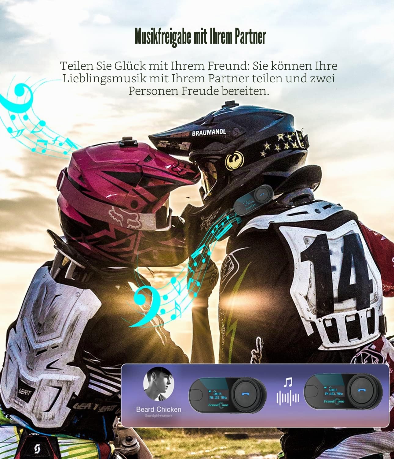 FreedConn Tcom-SC Intercom Motorrad Headset für 2 Personen Musik Teilen, Motorradhelm Kommunikationssystem 800M mit LCD-Bildschirm, Universelles Helm Bluetooth WasserdichtMatching 2-in-1-Mikrofon