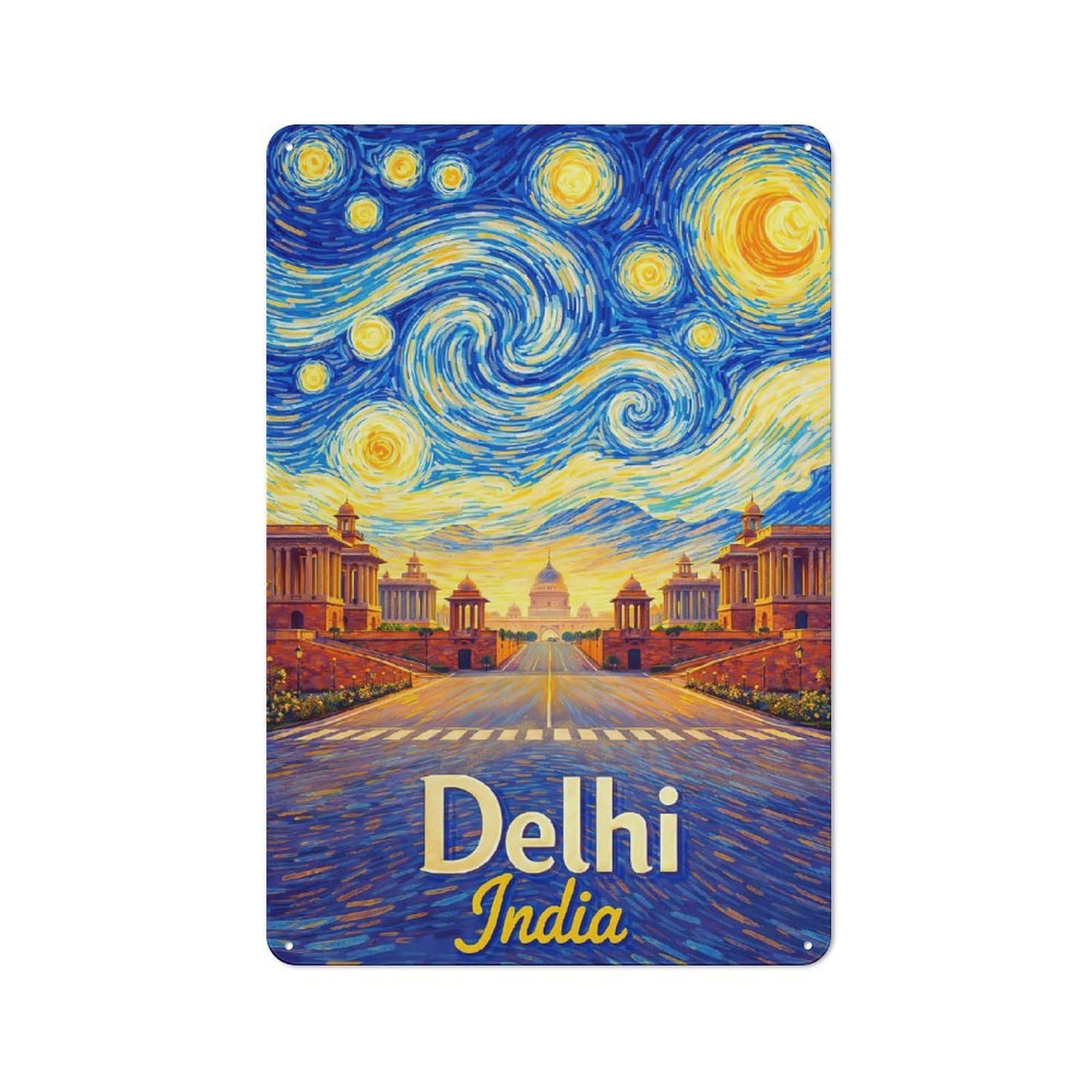 Junmoney Style-4 30X20cm Vintage Metal Sign With Delhi India Starry Night For Studio Or Craft Room, For Vintage Wall Decor Fans, For Metal Sign Collectors
