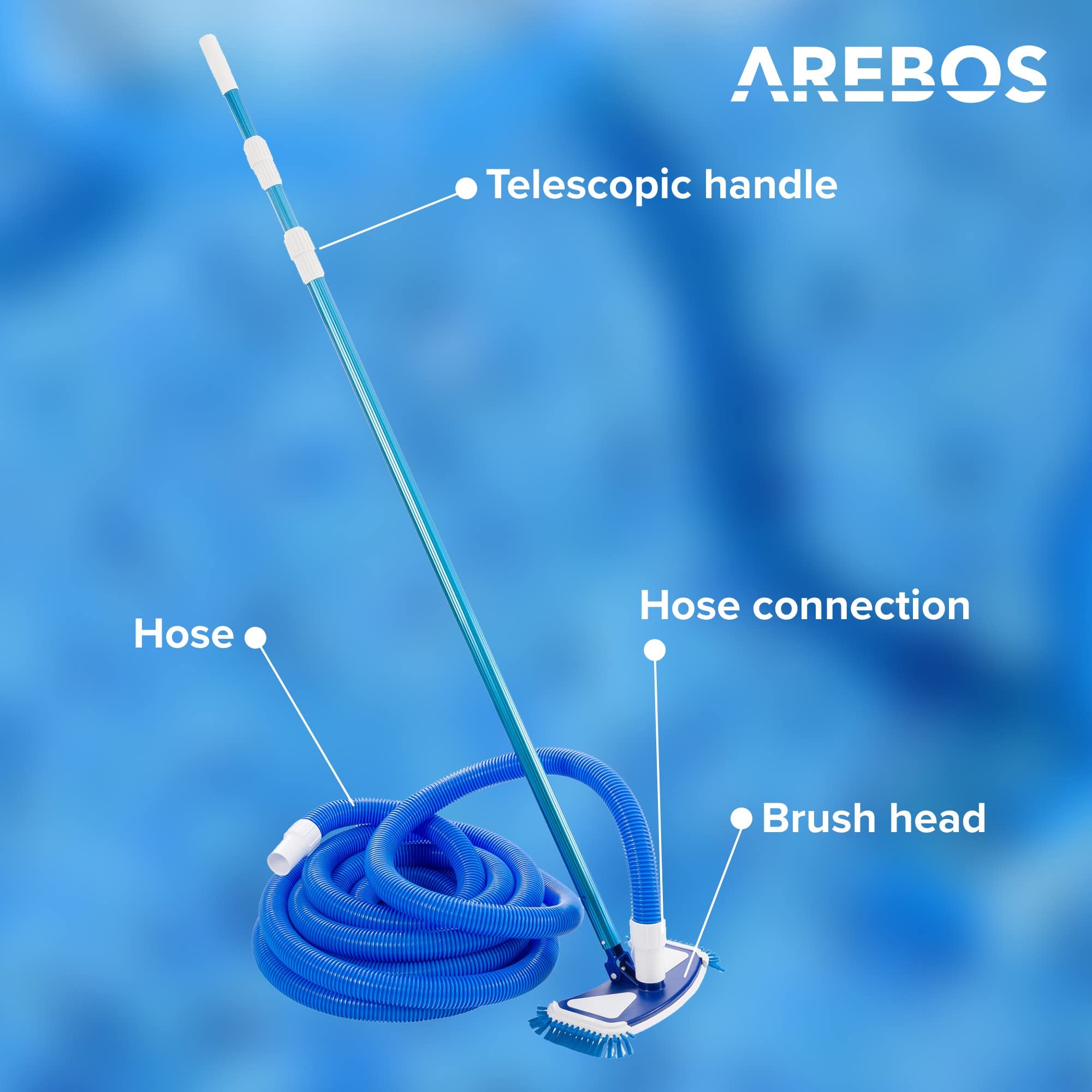 Arebos Spazzola Piscina | Aspiratore Manuale Fondo Piscina | Spazzola con Manico Telescopico e Tubo | Pulitore per Pavimento e Pareti