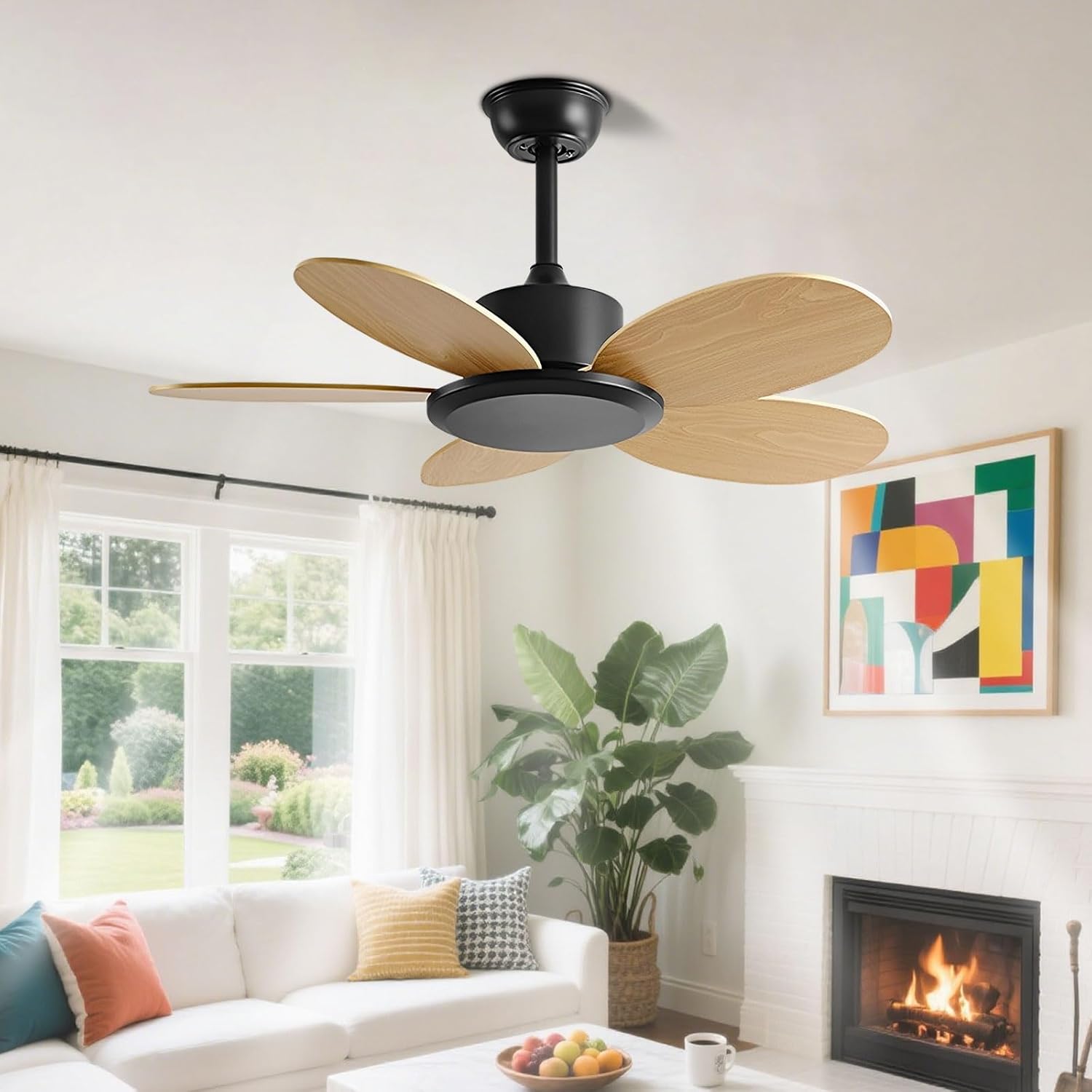 Modern Ceiling Fan No Light Low Profile Ceiling Fan with Remote Control 6 Speeds Quiet Ceiling Fan Without Lights 5 Blades Reversible for Bedroom Living Room Dining Room Patio