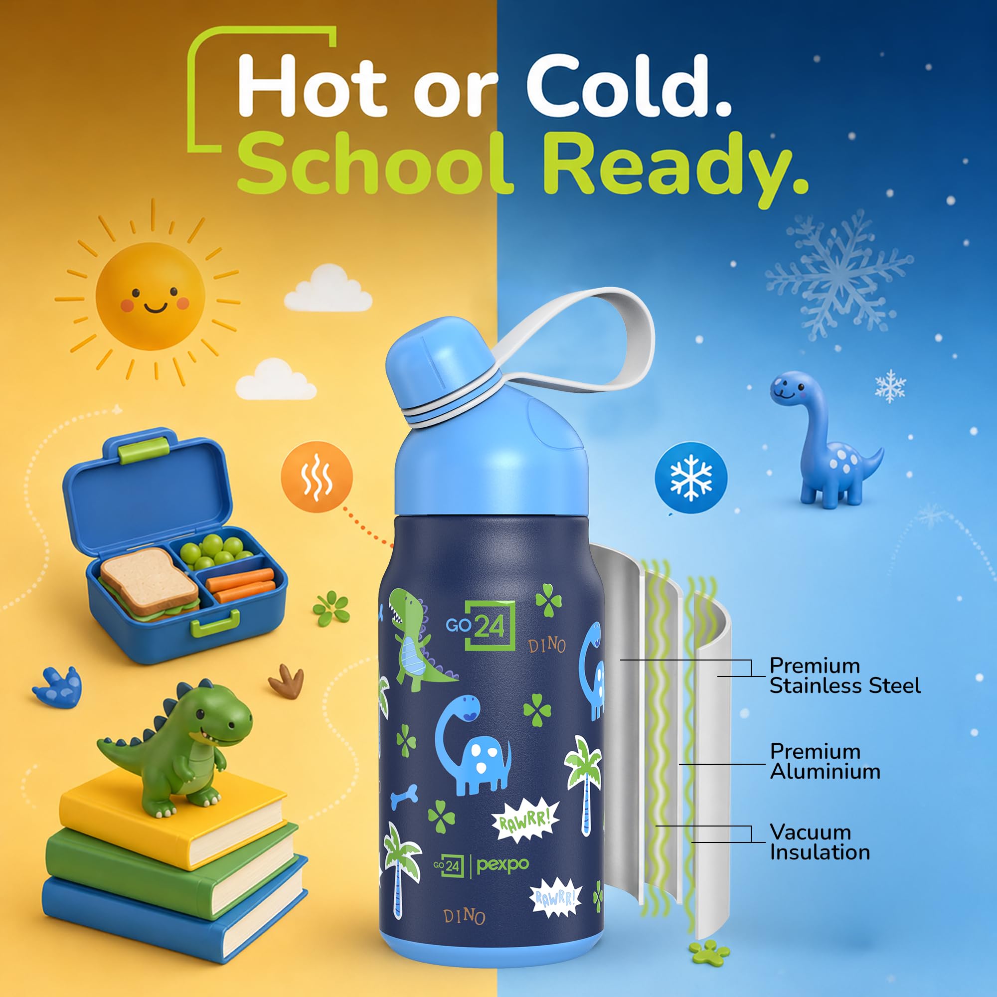 Go24 pexpo Stainless Steel Kids Water Bottle Piano Denim Blue - Dinosaur 1