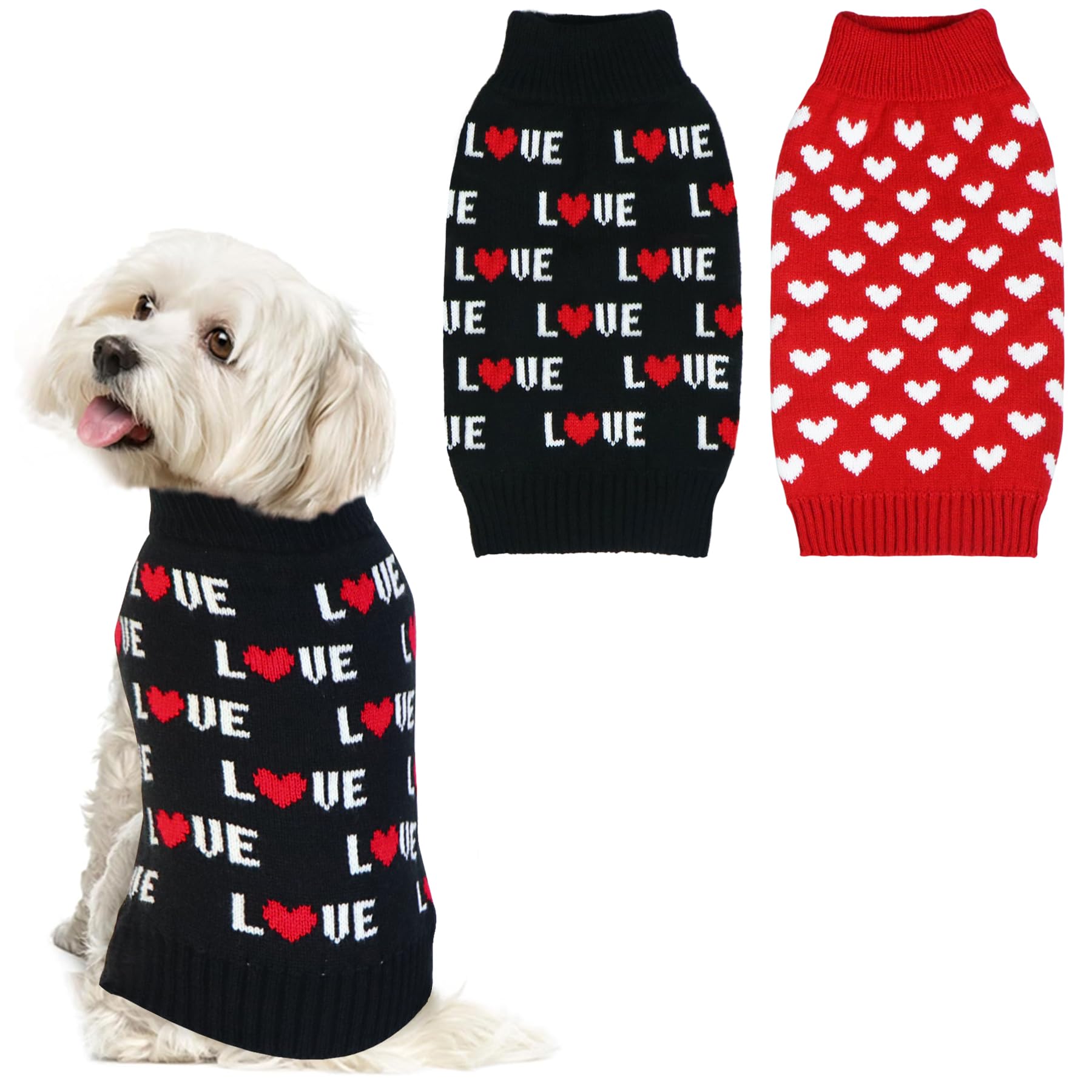 GOYOSWA 2 Pack Valentine’s Day Dog Sweater, Dog Valentines Outfit Clothes Knitted Heart Sweaters for Small Medium Large Dogs Pets (Red Heart & Black Love, Large)