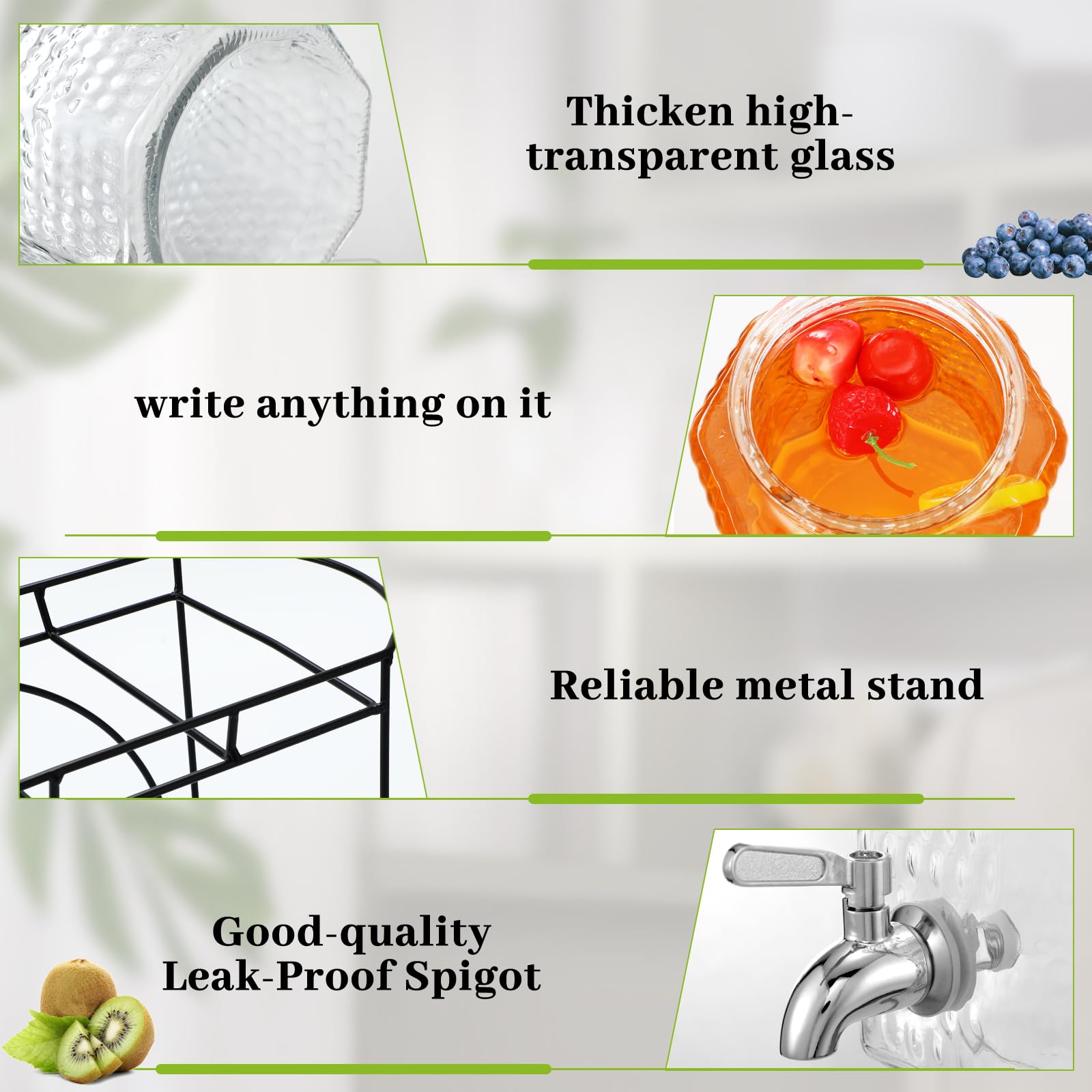 3 dispensadores de bebidas de 1 galón, dispensador de bebidas de vidrio con soporte, grandes recipientes transparentes para fiestas, jarra de vidrio con espiga y tapa para fiesta, bar,