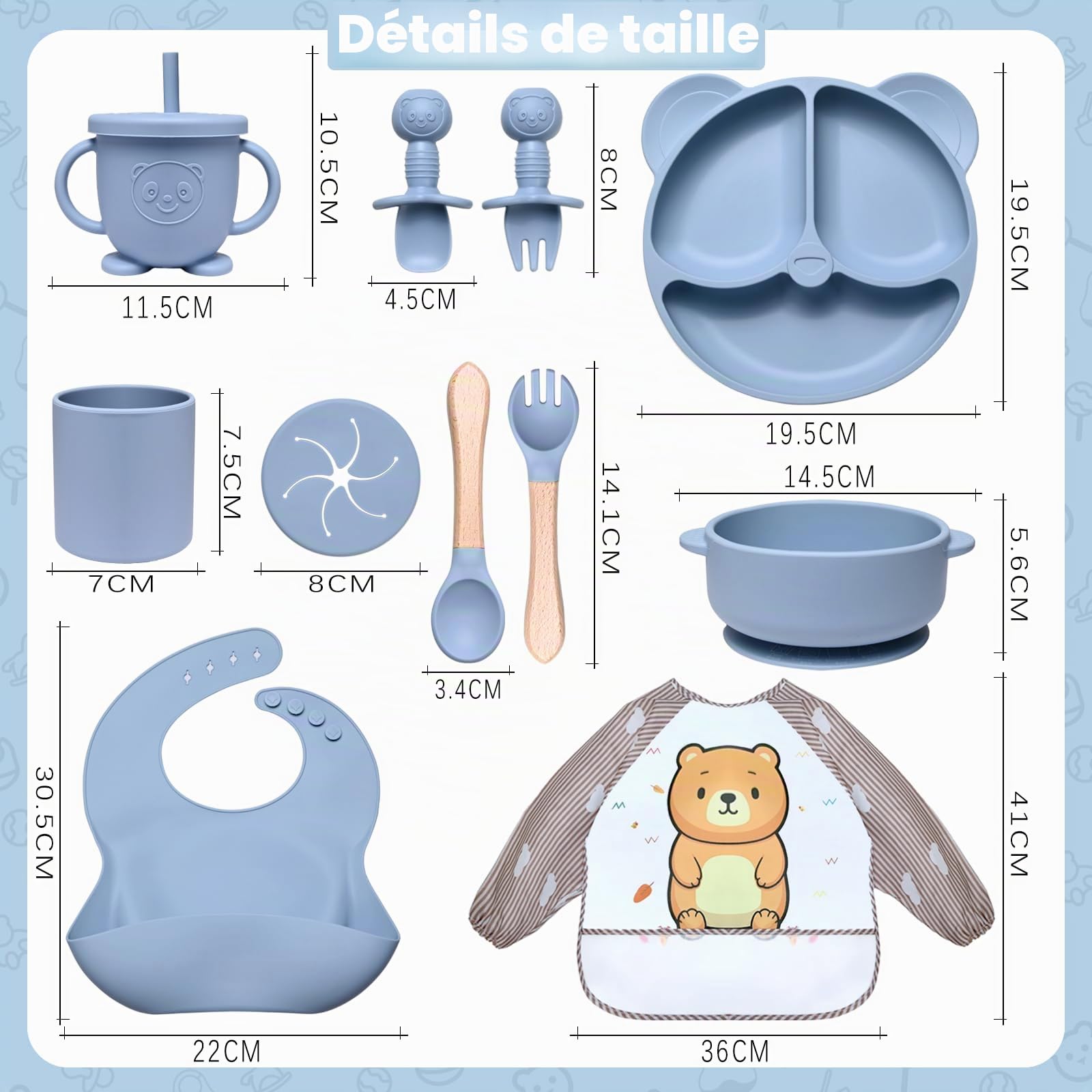 Assiette bebe Set, 11 Pièces Coffret Repas Bebe Silicone, Vaisselle Assiette ventouse pour bébé, Bavoir Silicone Bebe, Cuillère, Enfant Set Couverts Vaisselle Pour Sevrage Manger (Bleu)