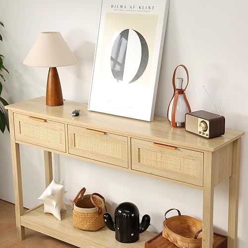 Miniatura 9 de LAZZO Mesa consola de 51 pulgadas mesa de sofá de grano de roble con marco de madera mesa rústica de pasillo con 3 cajones de almacenamiento de