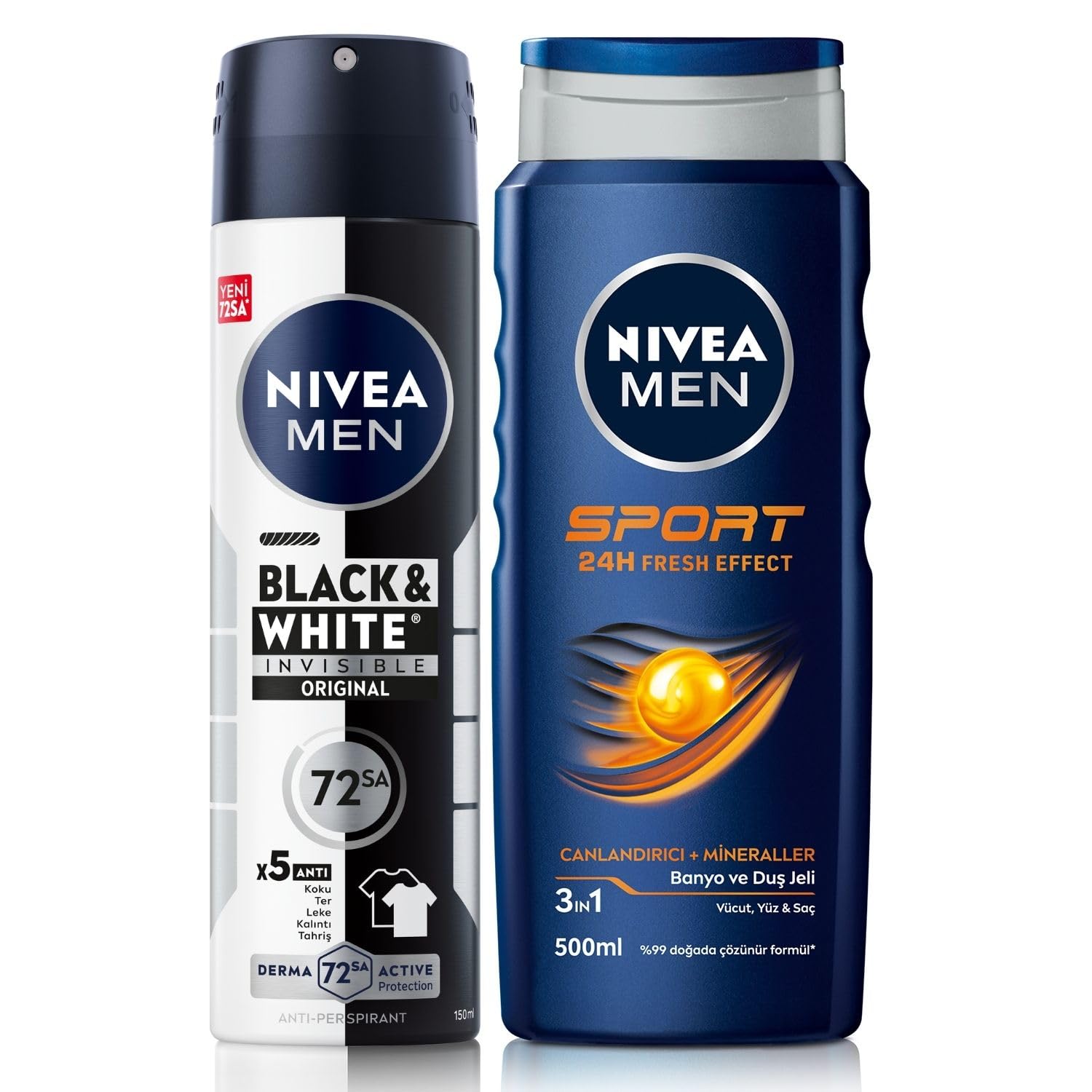 NIVEA MEN Erkek Sports Duş Jeli, 500 ml + NIVEA MEN Erkek Sprey Deodorant Black&White Invisible Original 150 ml