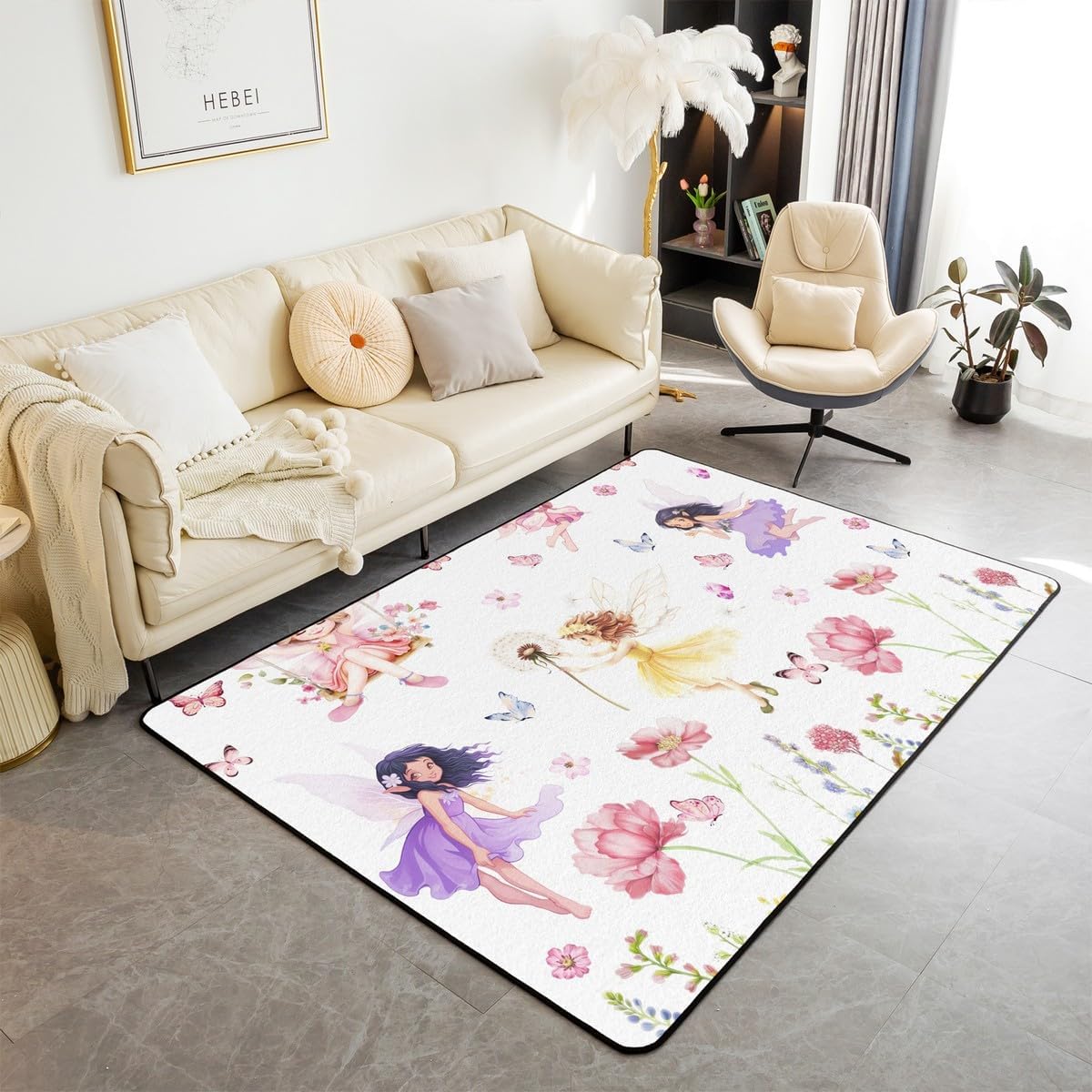Butterfly Fairy Area Rugs,Cute Fairy Girl Decorative Rugs Girls Teens Kids Living Room Decor,Watercolor Flower Garden Carpet Dreamy Fairy Tale Theme Indoor Floor Mat Entrance Rug,5'x6'6"