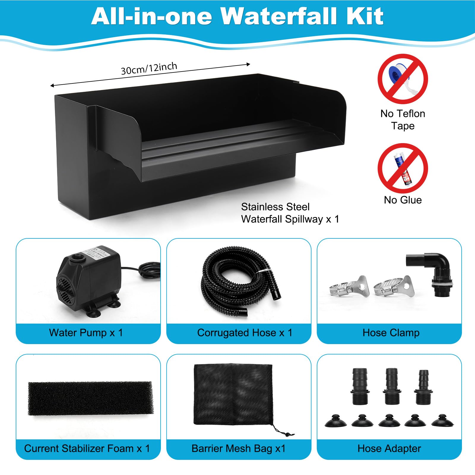 Cascade Bassin Exterieur 30CM Acier Inoxydable Pompe 45W 3000 L/H Kit Jardin