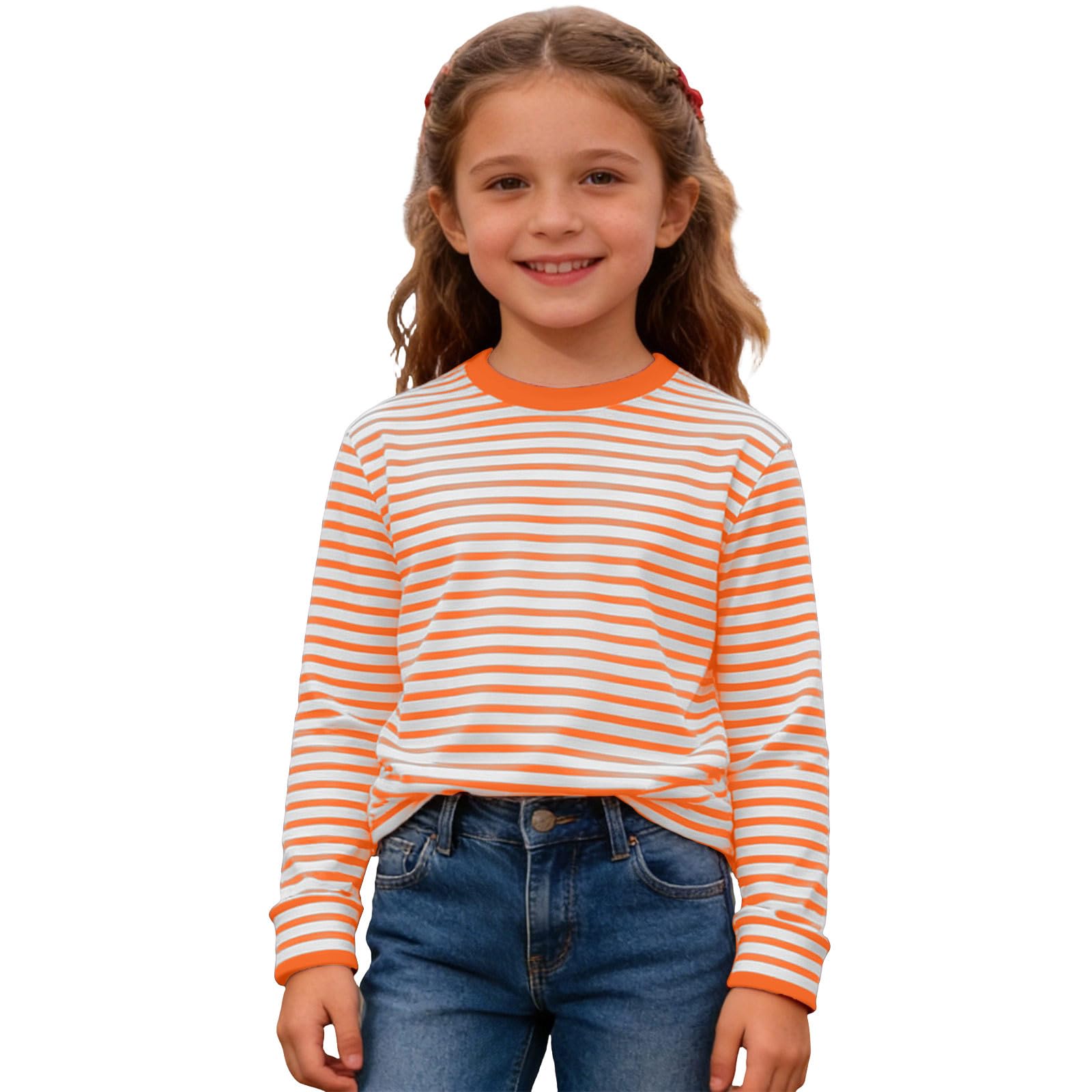 Striped Shirt Children's Red/White Striped Long Sleeve Shirt Girls Boys Shirt Glunker Crew Neck T-Shirt Top Striped Long-Sleeved Pullover Sailors Carnival Fancy Dress Costume 3-14 Years, C-orange, 9