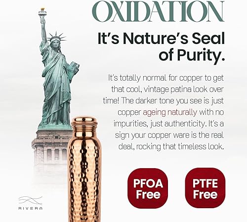 Miniatura 8 de Rivera Botella de agua de cobre puro probada en laboratorio de 30 onzas, 99.92 % libre de PTFE y PFOA, a prueba de fugas y sin articulaciones, sin