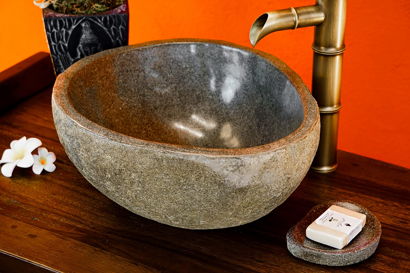 Lavabo en pierre naturelle, fabriqué à la main, en pierre de rivière, 20 cm