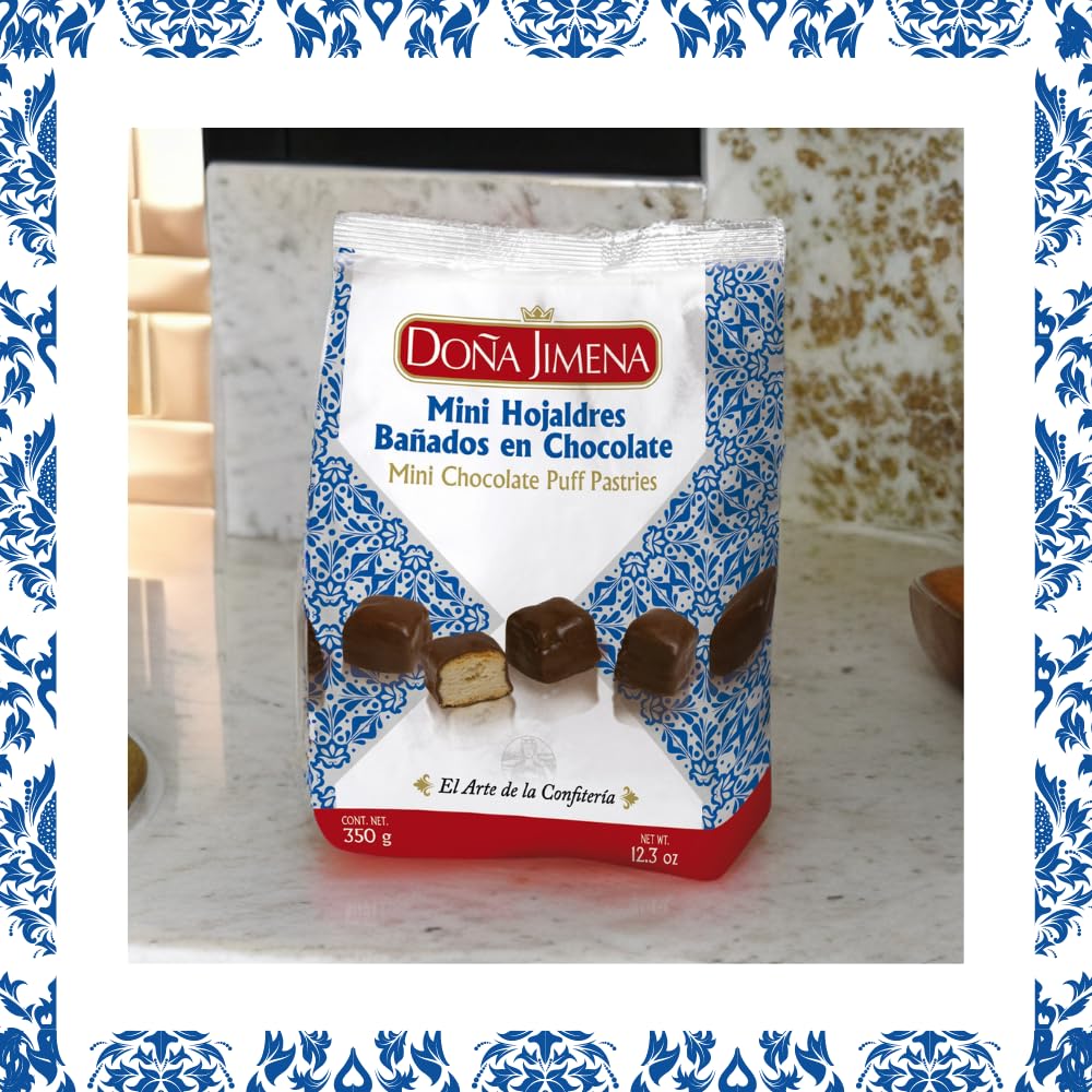 DOÑA JIMENA - Mini Hojaldres bañados en Chocolate con Leche, Calidad Suprema, Típico Dulce Navideño, Sabor exquisito, Placer dulce para disfrutar, Receta Artesanal, 350g