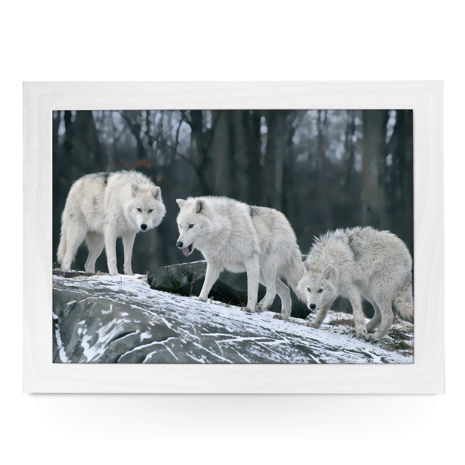yoosh Portable Lap Desk Tray (Three White Wolves) Handmade Wooden Frame, Beanbag Cushioned Bottom | Computers, Laptops, Meals, Food | L0003 White