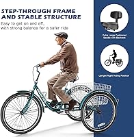 Vista 4 de Barbella Triciclos para adultos, 7 velocidades para adultos, bicicletas de 3 ruedas de 20/24/26 pulgadas, bicicleta de crucero con cesta