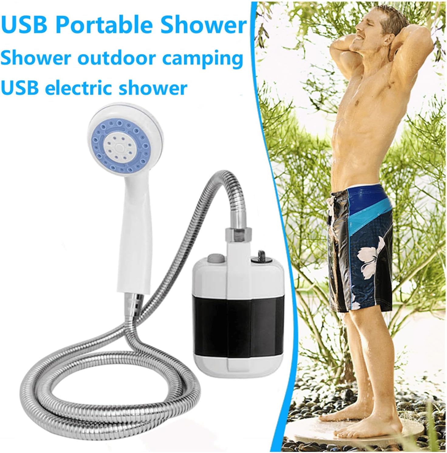 Amposei 2023 Portable Camping Shower, USB Rechargeable Outdoor Shower Pump, Electric Camp Shower, On-The-Go Bathing Solution for Pets Beach Garden