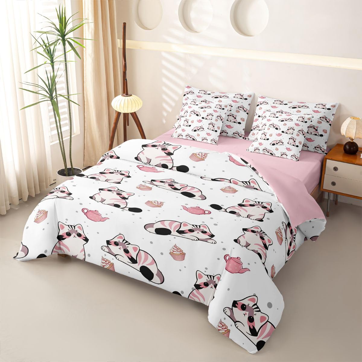 Loussiesd Set di biancheria da letto per letto singolo, 7 pezzi, bianco, rosa, grigio, con gatto, per bambini, ragazzi e ragazze, con copripiumino, lenzuola, federe, federe