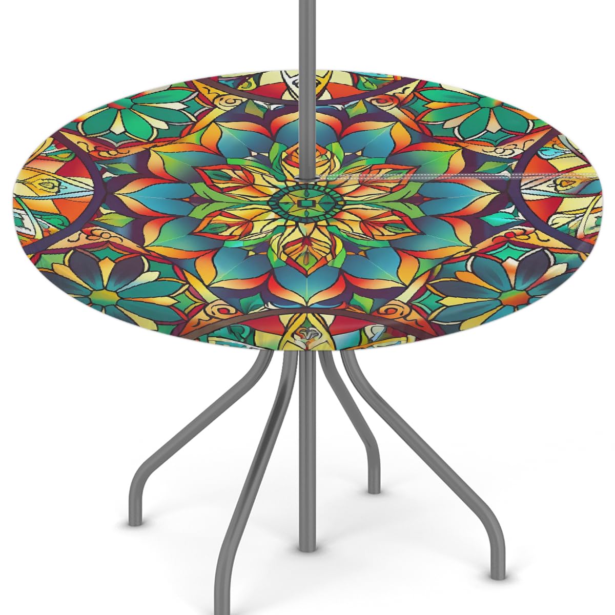 Mexpekil Outdoor Tablecloth with Umbrella Hole and Zipper Ethnic Mandala Flower Waterproof Round Elastic Fitted Table Cloth Covers for Patio Garden 45-56 in